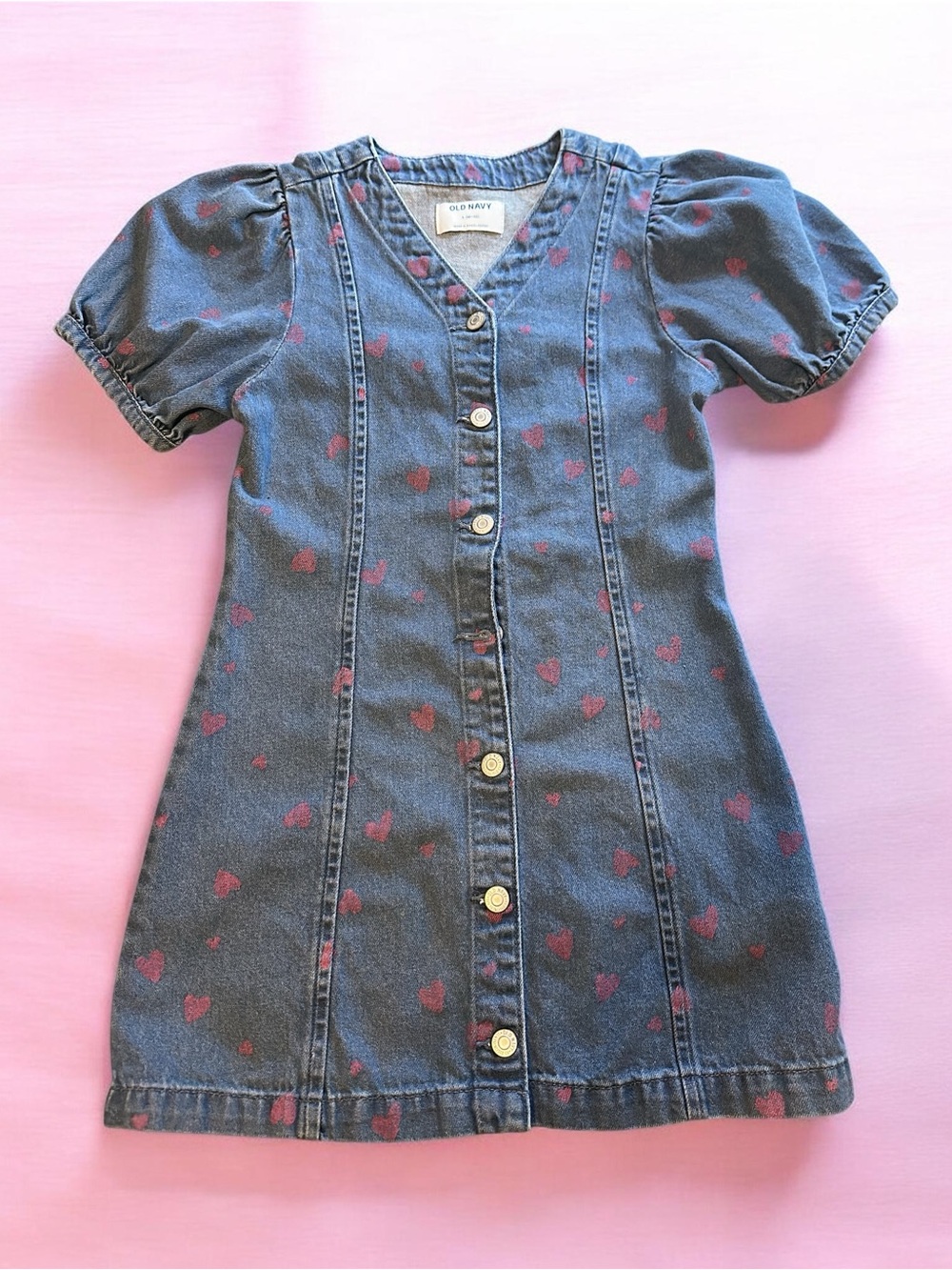 Old Navy Blue Denim Button-Front Dress with Pink Heart Print